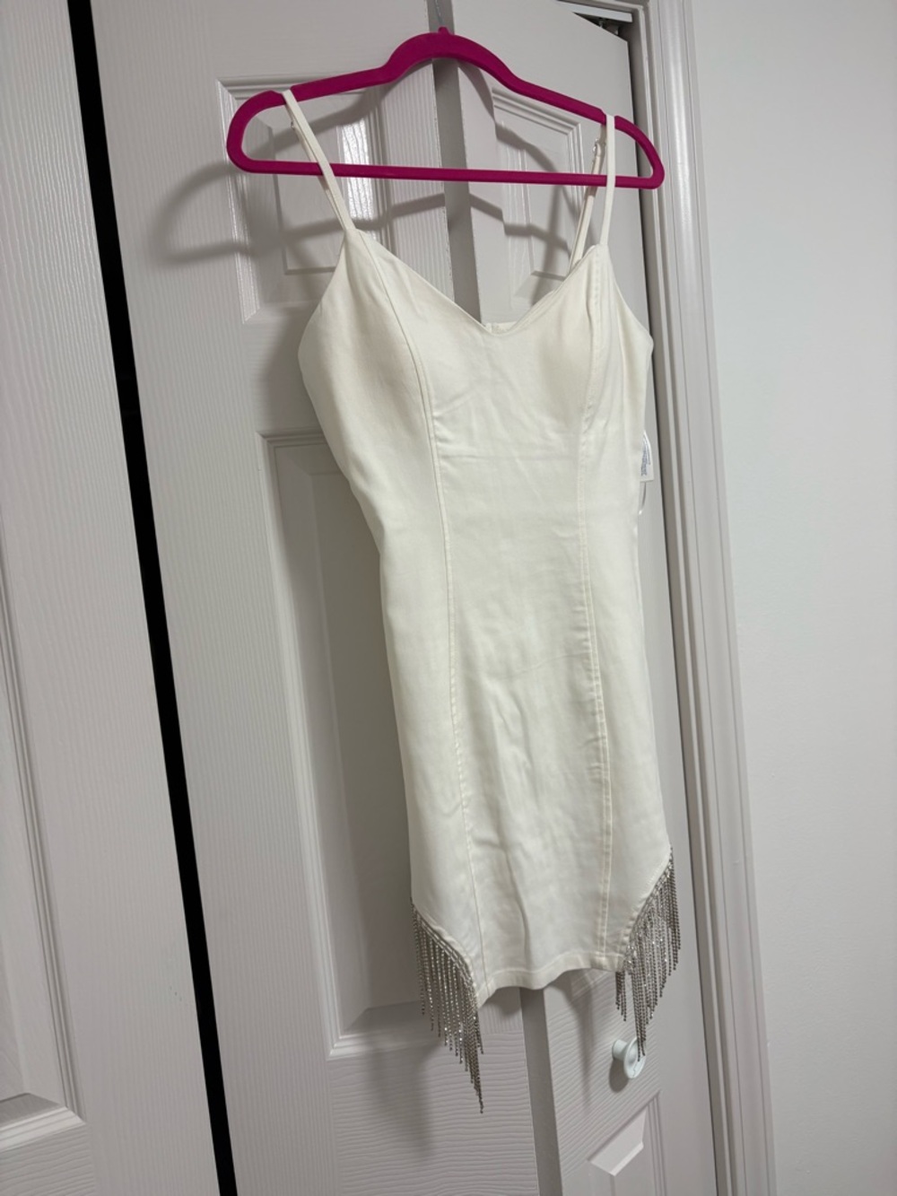 Haute Monde White Spaghetti Strap Mini Dress with Fringe